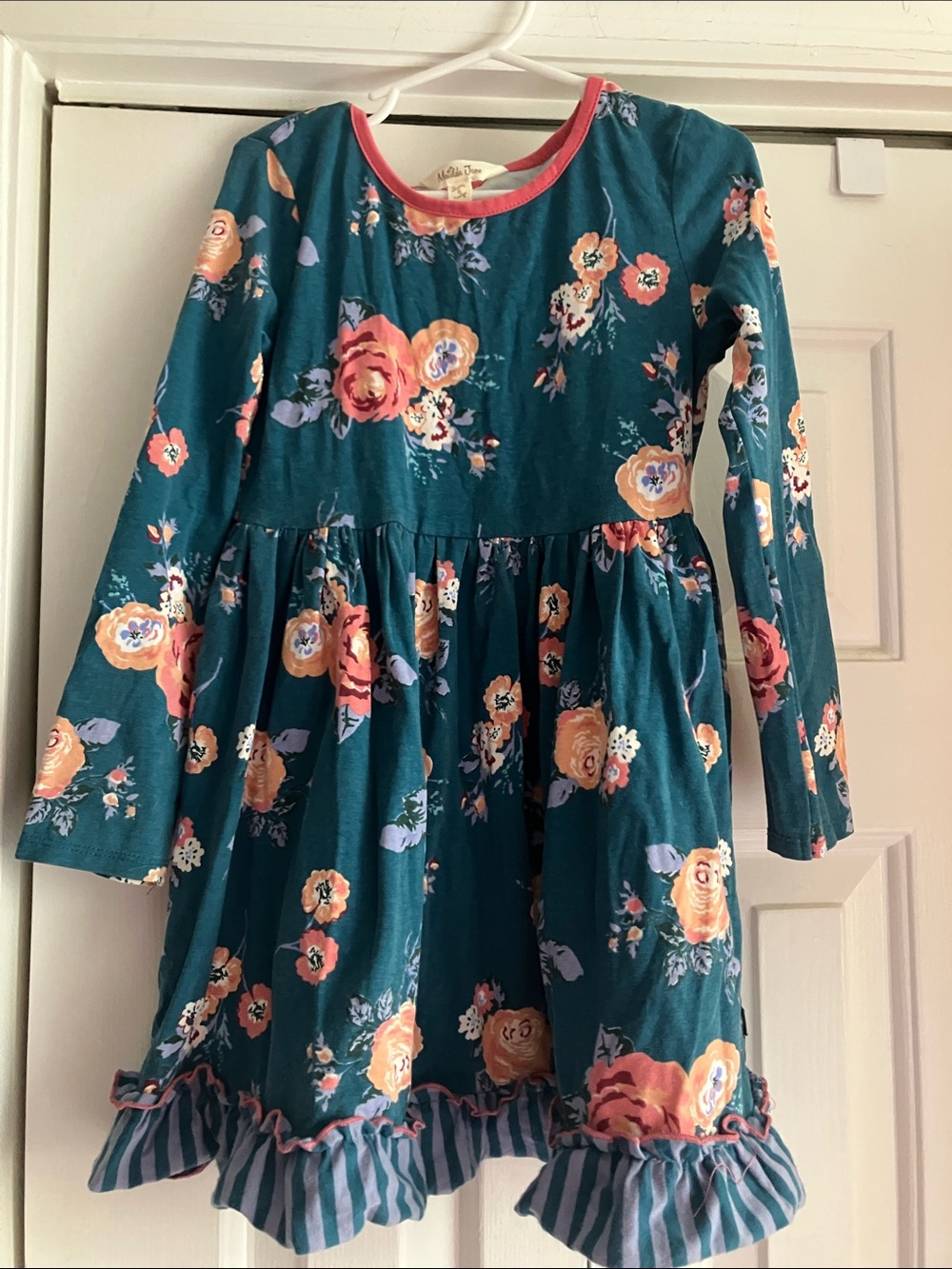 Matilda Jane Teal Floral Long Sleeve Dress with Peach Accents